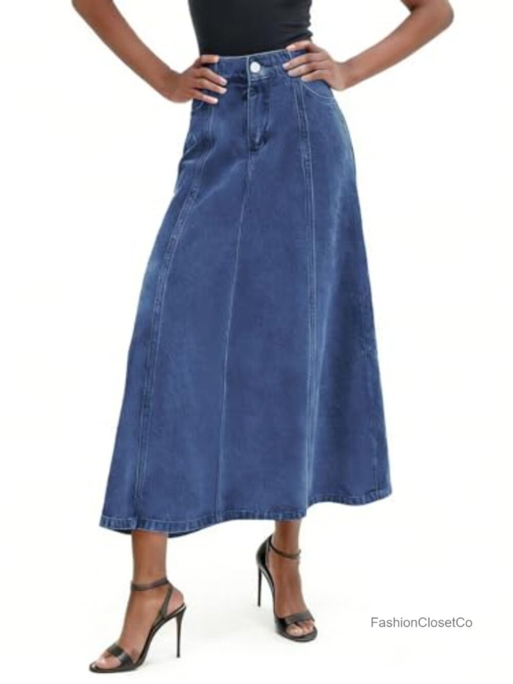 Women's Stretch High Waisted Denim Maxi Skirt A-Line Flowy Jean Skirt with